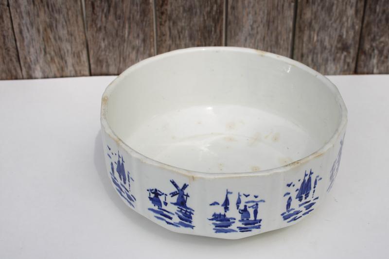 photo of old Delft style pottery bowl, Holland windmills blue & white, 1930s vintage Czech #1