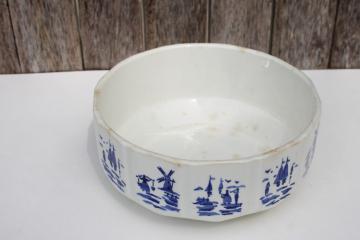 old Delft style pottery bowl, Holland windmills blue & white, 1930s vintage Czech