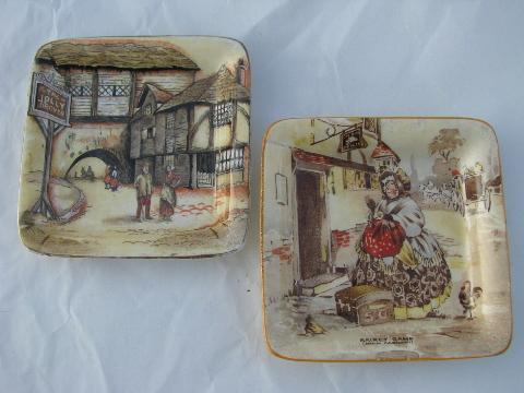 photo of old Dickens scenes, vintage Staffordshire china dishes #1