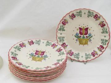 catalog photo of old Dutch gaudy tulips folk art pattern, vintage American Limoges china dinner plates