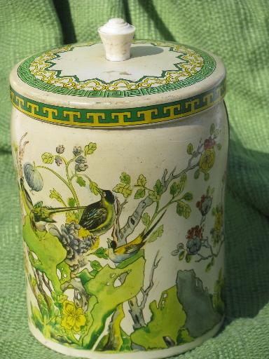 photo of old English biscuit tin or tea canister, Elizabeth Shaw chinoiserie #1