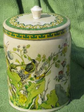 catalog photo of old English biscuit tin or tea canister, Elizabeth Shaw chinoiserie