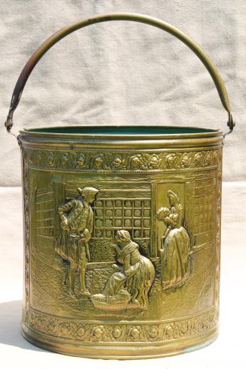 photo of old English brass bucket for fireplace hearth tools or fire wood, vintage coal bucket #1