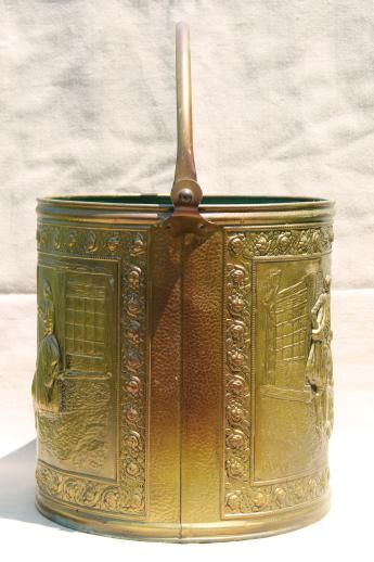 photo of old English brass bucket for fireplace hearth tools or fire wood, vintage coal bucket #2