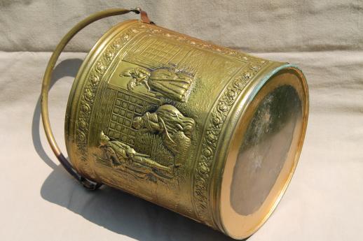 photo of old English brass bucket for fireplace hearth tools or fire wood, vintage coal bucket #5