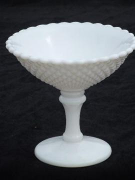 catalog photo of old English hobnail pattern milk glass compote bowl, pedestal candy dish