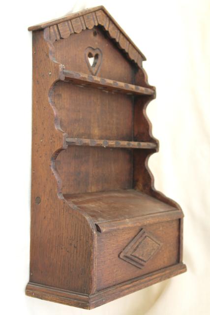 photo of old English oak carved wood wall box spoon holder, vintage rack for spoons #3