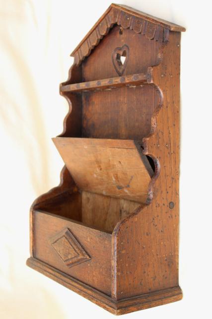 photo of old English oak carved wood wall box spoon holder, vintage rack for spoons #5