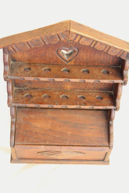 photo of old English oak carved wood wall box spoon holder, vintage rack for spoons #7