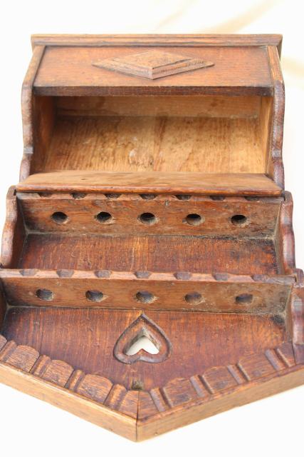 photo of old English oak carved wood wall box spoon holder, vintage rack for spoons #8