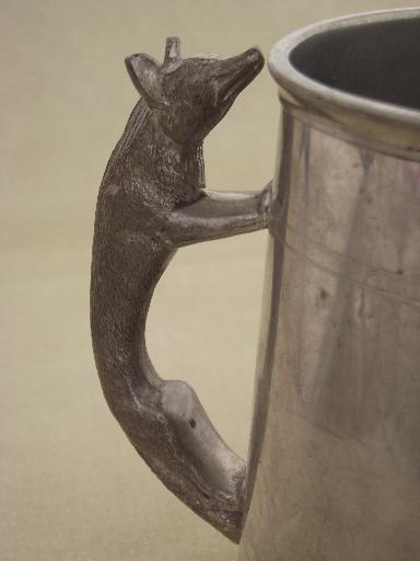 photo of old English pewter stein, figural fox handle tankard hunting cup #3