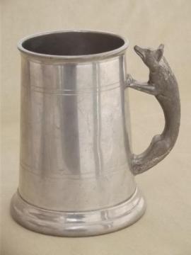 catalog photo of old English pewter stein, figural fox handle tankard hunting cup