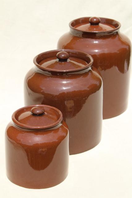 photo of old English redware pottery canister jars, Price - England vintage pantry crocks #1