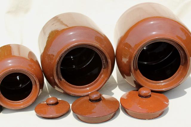 photo of old English redware pottery canister jars, Price - England vintage pantry crocks #2