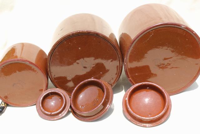 photo of old English redware pottery canister jars, Price - England vintage pantry crocks #3