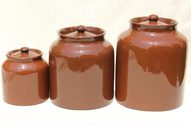 photo of old English redware pottery canister jars, Price - England vintage pantry crocks #6