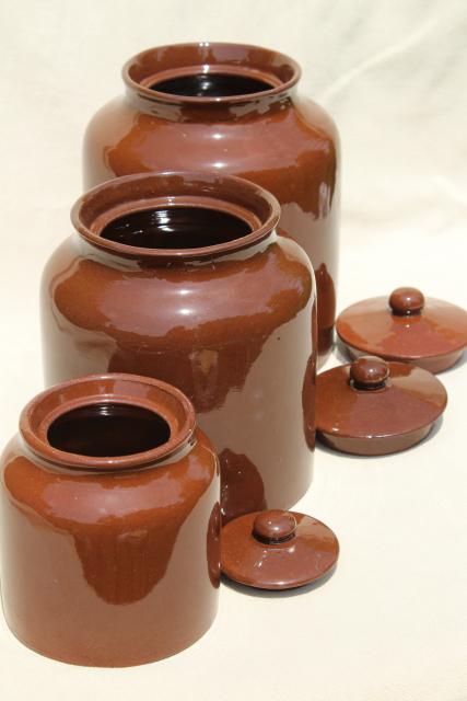 photo of old English redware pottery canister jars, Price - England vintage pantry crocks #7