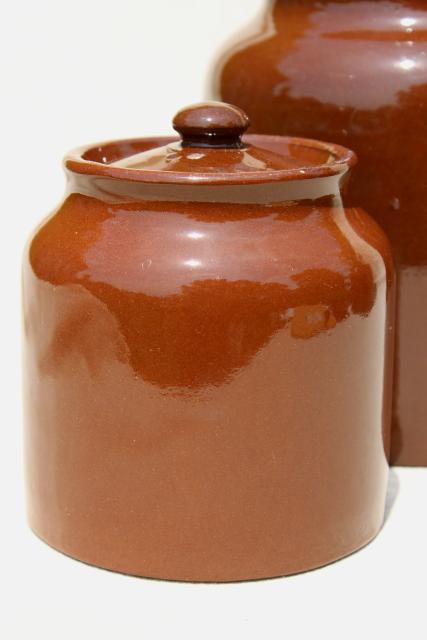 photo of old English redware pottery canister jars, Price - England vintage pantry crocks #8