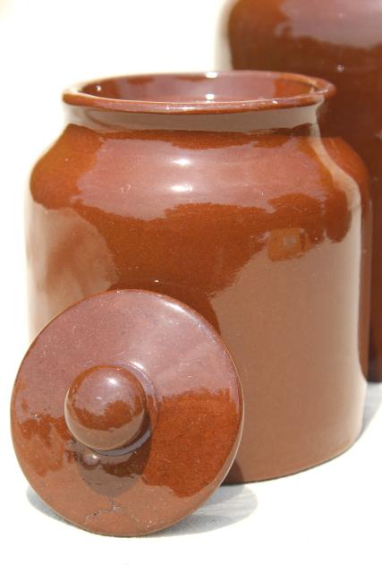 photo of old English redware pottery canister jars, Price - England vintage pantry crocks #9