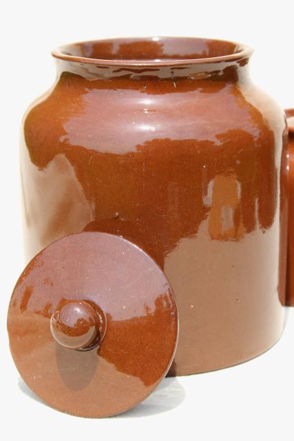 photo of old English redware pottery canister jars, Price - England vintage pantry crocks #11