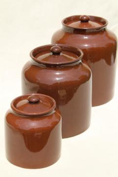 catalog photo of old English redware pottery canister jars, Price - England vintage pantry crocks