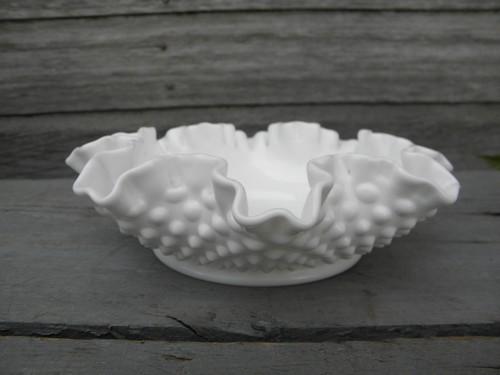 photo of old Fenton hobnail milk glass crimped ruffle edge bowl or candy dish #1