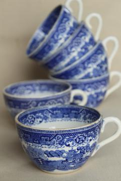 catalog photo of old French faience, vintage blue willow       pattern china cups made in France