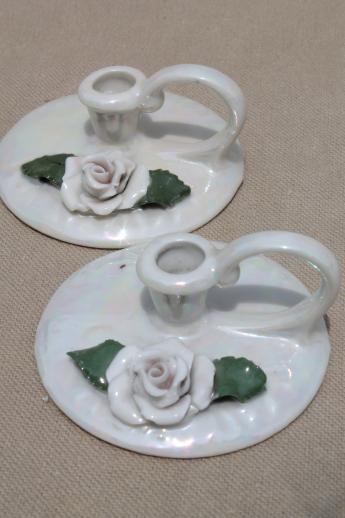 photo of old German bisque china candle holders, tiny luster candlesticks marked Germany #8