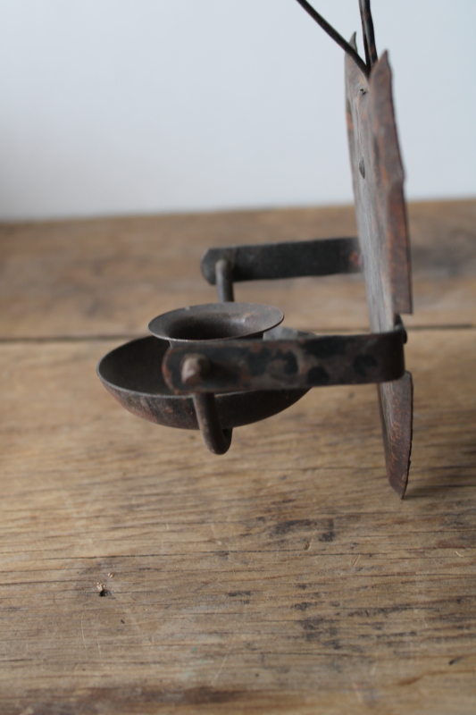 photo of old German hand forged metal chamber candle holder, gimbal pivot candle lamp or hanging wall sconce  #2