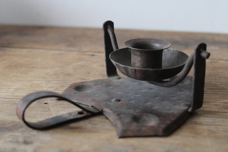 photo of old German hand forged metal chamber candle holder, gimbal pivot candle lamp or hanging wall sconce  #3