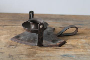 catalog photo of old German hand forged metal chamber candle holder, gimbal pivot candle lamp or hanging wall sconce 