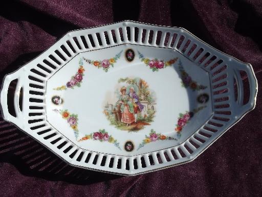 photo of old German reticulated lace edge porcelain, round candy dish and oval bowl #2