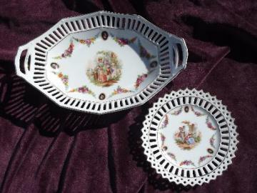 catalog photo of old German reticulated lace edge porcelain, round candy dish and oval bowl