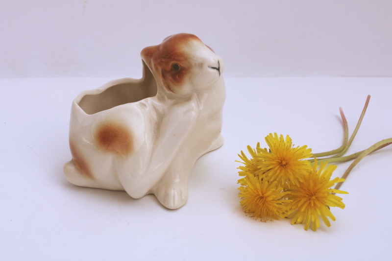 photo of old Germany ceramic bunny planter, brown & white spotted rabbit vintage spring decor  #1