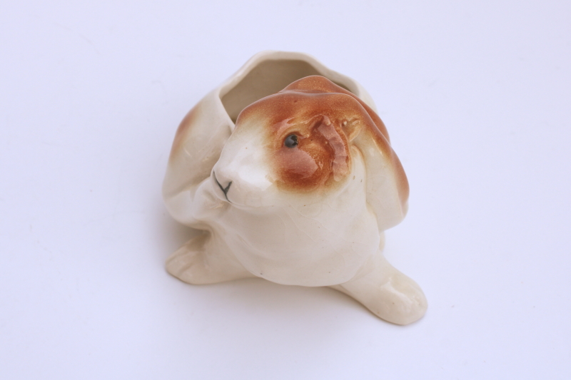 photo of old Germany ceramic bunny planter, brown & white spotted rabbit vintage spring decor  #4