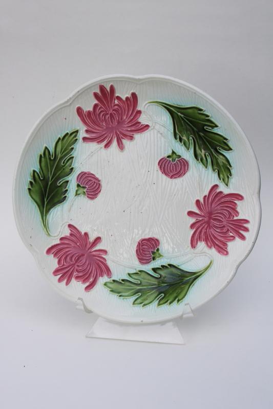 photo of old Germany faience pottery tray w/ shaggy mums, vintage majolica style floral #1