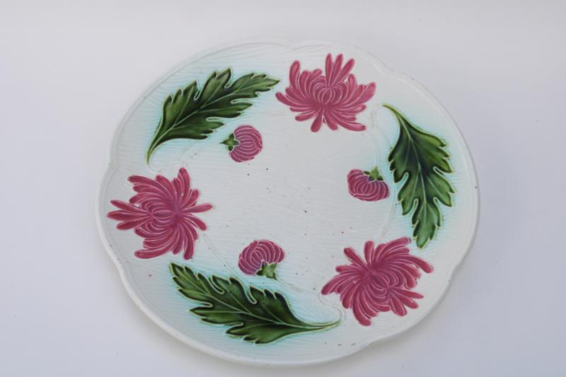 photo of old Germany faience pottery tray w/ shaggy mums, vintage majolica style floral #2