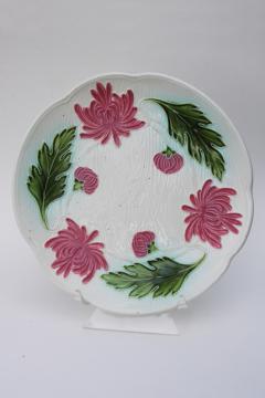 catalog photo of old Germany faience pottery tray w/ shaggy mums, vintage majolica style floral