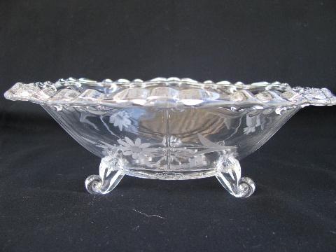 photo of old Glastonbury Lotus footed console bowl , vintage wheel cut glass #4