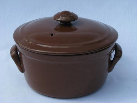 photo of old Guernsey stoneware pottery, vintage covered baking dish, french cassoulet #1