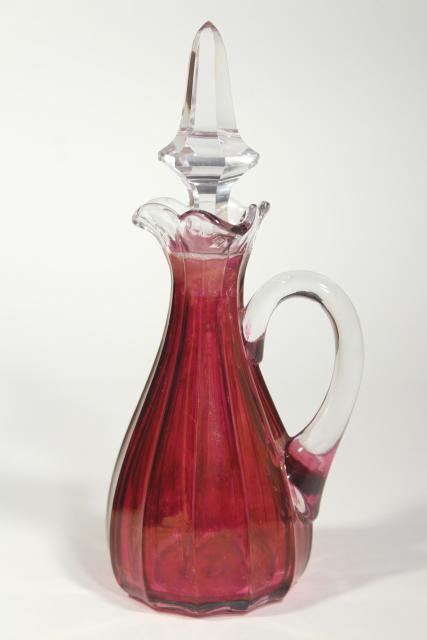 photo of old Heisey cranberry flash stain colored glass cruet, EAPG antique glassware #3