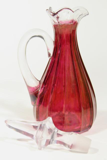 photo of old Heisey cranberry flash stain colored glass cruet, EAPG antique glassware #5