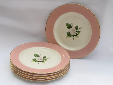 photo of old Homer Laughlin/Alliance dinner plates, Glenwood floral pink band #1