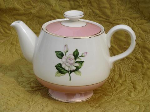 photo of old Homer Laughlin/Alliance tea pot, Glenwood floral pink band #1