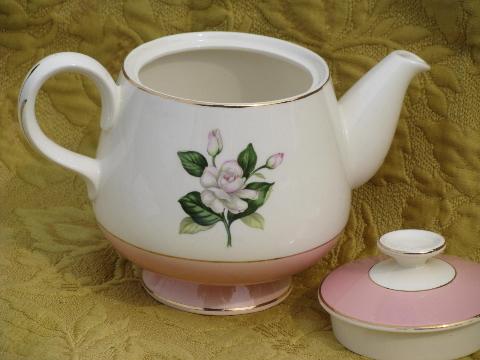 photo of old Homer Laughlin/Alliance tea pot, Glenwood floral pink band #2