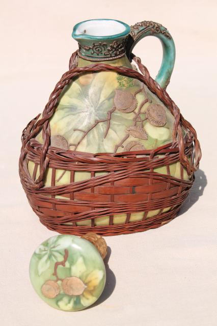 photo of old Japan basket covered china decanter bottle, hand painted moriage acorns & leaves #4