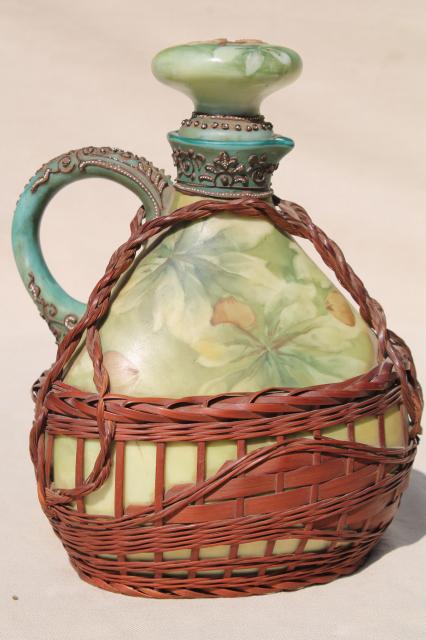 photo of old Japan basket covered china decanter bottle, hand painted moriage acorns & leaves #5