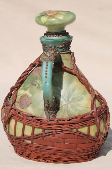 photo of old Japan basket covered china decanter bottle, hand painted moriage acorns & leaves #6