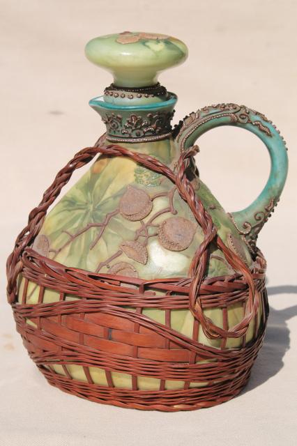 photo of old Japan basket covered china decanter bottle, hand painted moriage acorns & leaves #7