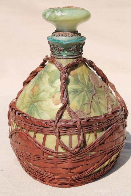 photo of old Japan basket covered china decanter bottle, hand painted moriage acorns & leaves #8